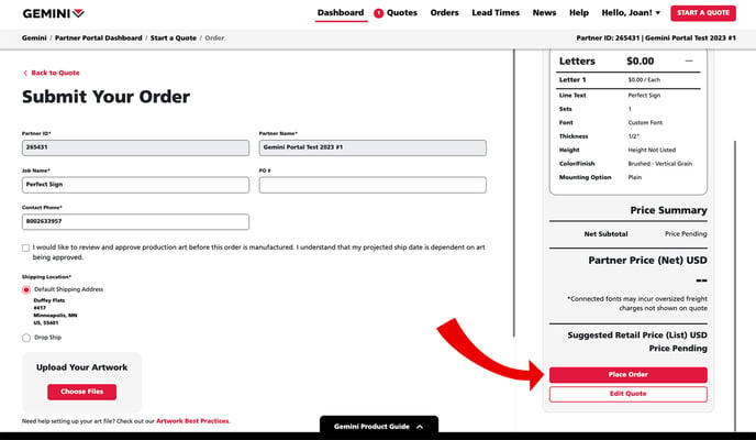 3. Without Pricing Place Order